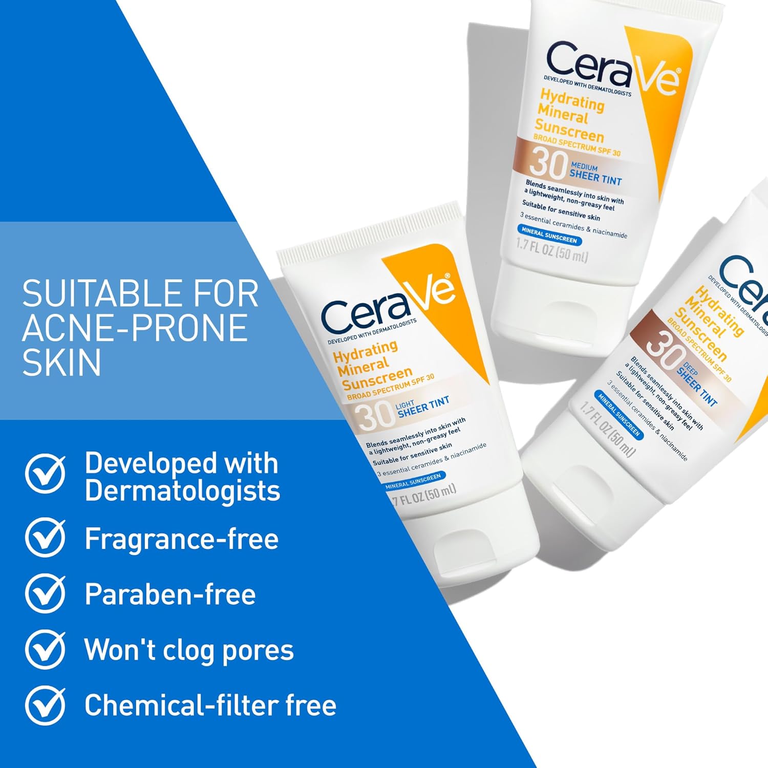 Cerave drėkinanti mineralinė apsauga nuo saulės su spalva, SPF 30 